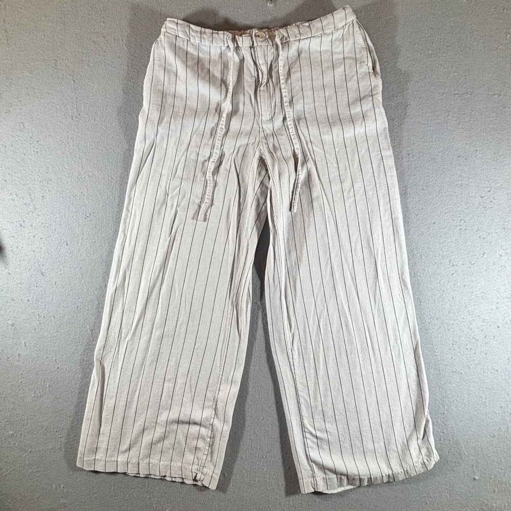 Joie Pinstripe Wide Leg Drawstring Pants Beige Black Pinstripe Size Medium